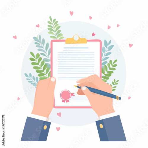 婚姻届への署名 結婚と誓いのベクターイラスト