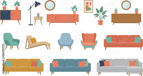 Collection of modern living room furniture with cozy sofas armchairs cabinets sideboards and interior decor elements for home design concept flat vector