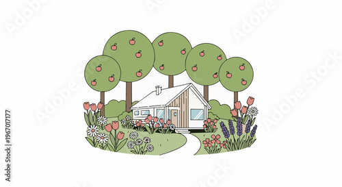 Idyllic cottage surrounded by apple trees and blooming flowers