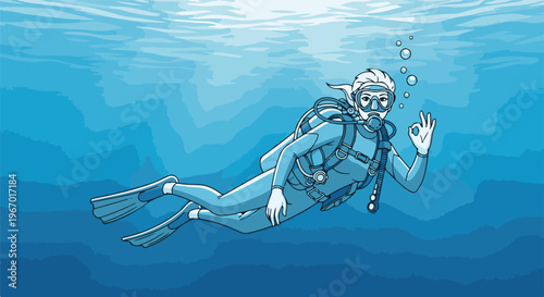 Person in scuba gear giving okay sign while underwater