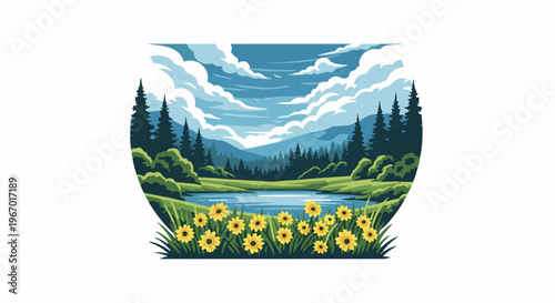 Pixel art landscape with lake, mountains, pine trees, and sunflowers