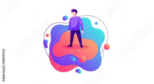 Abstract artistic illustration of a person standing on a colorful, dynamic blob surrounded by floating circles, conveying creativity and individuality