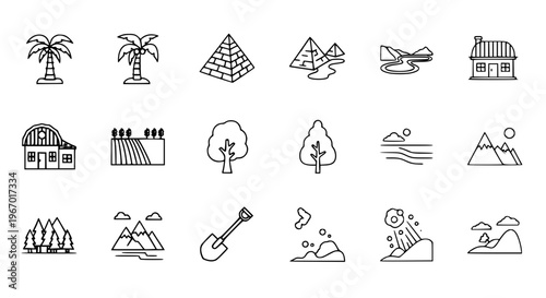 Editable Landscape Icon Set with Palm Tree Pyramid Lake Mountain Forest Vector
