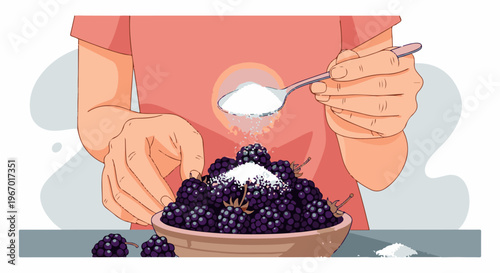Hands sprinkling sugar onto a bowl of blackberries