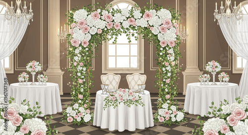 Elegant Wedding Ceremony Archway Decorated with Flowers and Drapes.