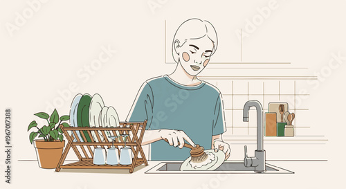 Person washing dishes at kitchen sink with plant and drying rack