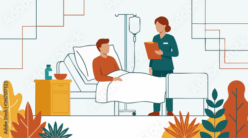 Healthcare illustration: Nurse checking on a male patient in a hospital room