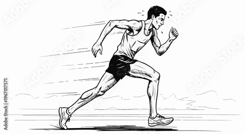 Determined athlete in motion, a black and white sketch showing intense effort