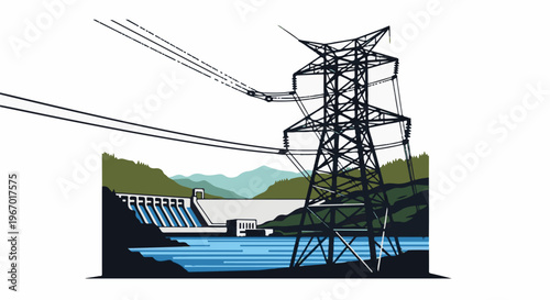 Power lines tower over a hydroelectric dam and reservoir amidst hills