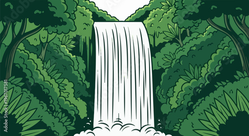 Lush green forest surrounds a serene waterfall cascading into white mist