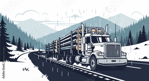 Logging truck drives through rainy mountain landscape with snow