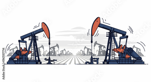 Multiple oil pumps operate in a flat, stylized industrial landscape