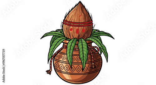 Decorated clay pot with coconut and green leaves, tied with rope