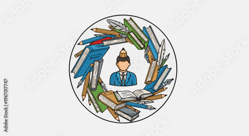 Circular arrangement of educational materials and a person with a pencil
