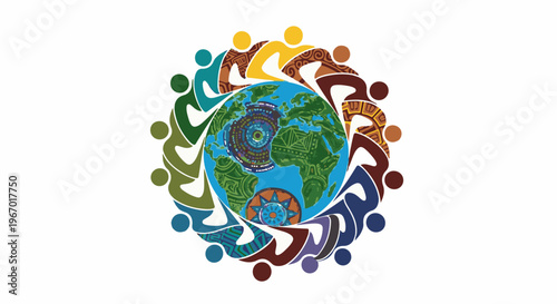 Diverse people in colorful patterns embrace a vibrant, detailed Earth