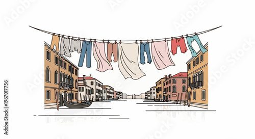 Clothes drying on a line above a canal with gondolas and buildings