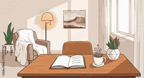 Cozy room with armchair, open book, hot beverage, and potted plants