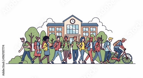 Diverse students walk and bike past a school building on a sunny day