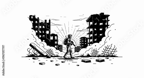Soldier walks through destroyed city ruins under a hopeful, radiating sun