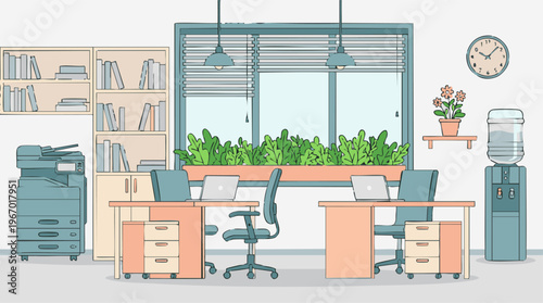Modern office interior with desks, laptops, copier, bookshelves, and plants