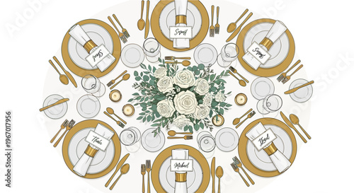 Elegant Round Table Setting with Gold Accents and White Rose Centerpiece