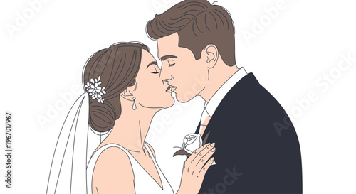 Newlywed Couple Kissing Tenderly on Wedding Day - Romantic Illustration