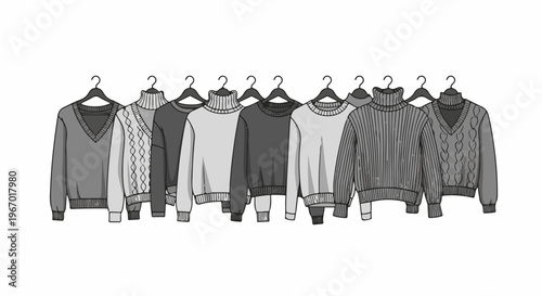 Collection of various knitted sweaters in shades of grey displayed on hangers