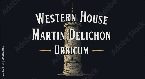 Stone tower with stylized text above and below