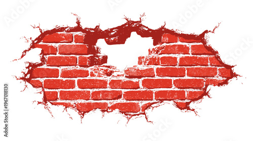 Hole in red brick wall with cracks symbolizing destruction or breakthrough