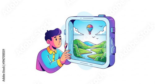 Man peering into a holographic landscape displaying a hot air balloon, river, and rolling hills, representing technology and nature