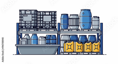 Storage shelves filled with various industrial liquid containers