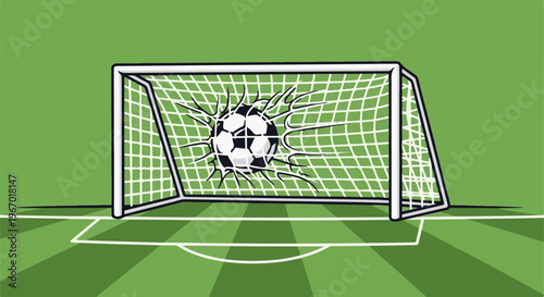 Soccer ball bursting through a net on a green field
