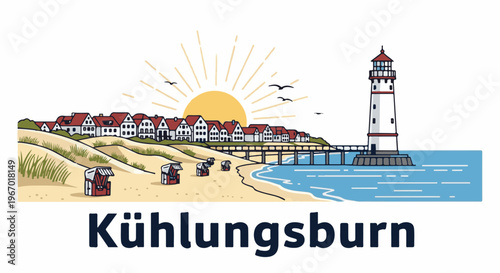 Coastal scene with beach chairs, village, pier, lighthouse, and sun