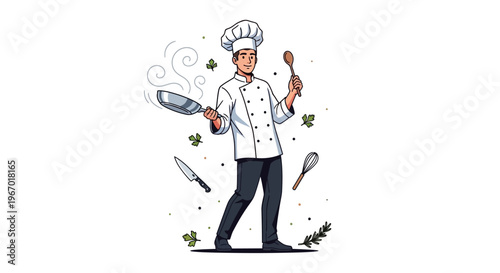 Happy Chef Cooking with Frying Pan and Utensils, Culinary Artistry