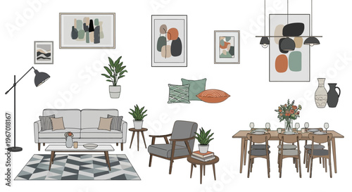 Modern Living Room and Dining Area Interior Design Elements, Abstract Art, Furniture, Plants