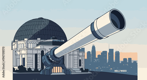 Pixel art of iconic observatory with telescope aiming towards a cityscape
