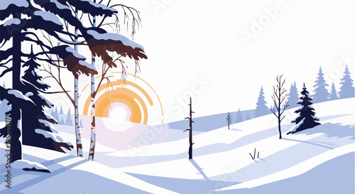 Snowy landscape with stylized sun and silhouetted trees