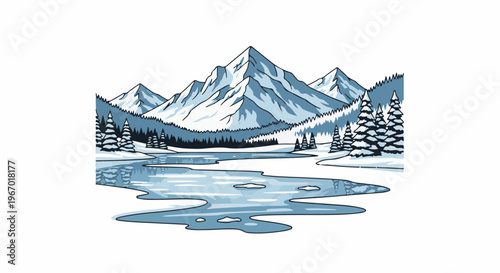 Snow-covered mountains rise behind a frozen lake surrounded by evergreen trees