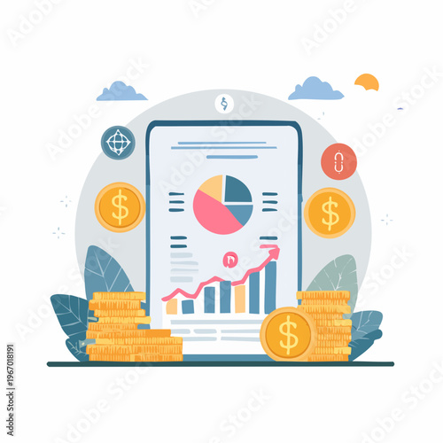 家計簿と資産管理 お金の節約と貯金のベクターイラスト