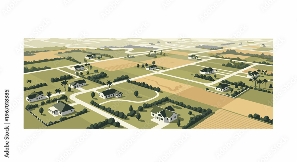 Naklejka premium Aerial view of a suburban development with scattered houses and fields