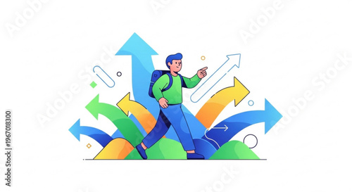 Navigating life's crossroads a person walks through a maze of directional arrows, symbolizing choices and future paths