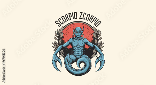 Pixelated blue mythical scorpion-humanoid with red eyes and claws on cream background