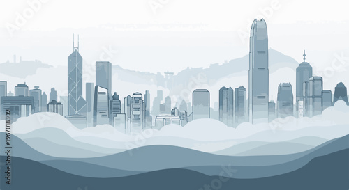 Pixelated city skyline emerging from abstract cloud-like hills