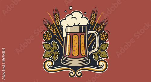 Stylized beer mug with hops, barley, and foam artfully arranged