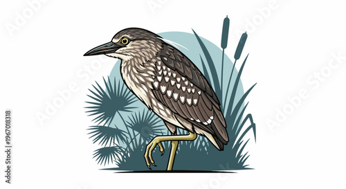 Striking illustration of a heron standing on one leg amidst aquatic plants