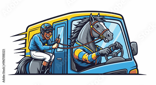 Cartoon horse and jockey in a van, driving