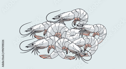 Group of stylized white shrimp with segmented bodies and thin antennae