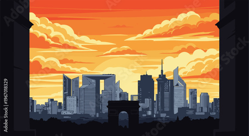 Pixelated cityscape with a grand archway and dramatic sunset clouds