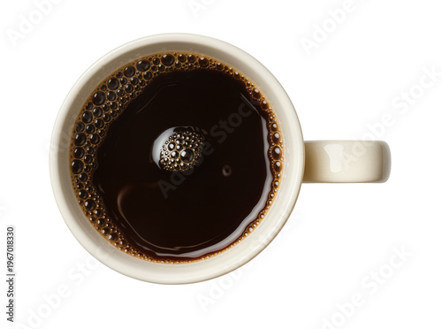 Obraz na płótnie Delicious dark black coffee in a light ceramic mug, with rich crema and small bu
