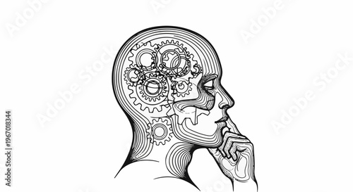 Black and white illustration of a profile silhouette of a human head filled with gears